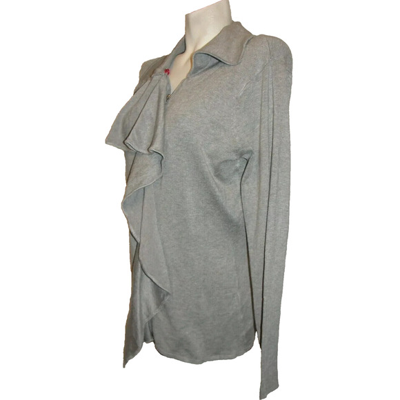 New Coletane Sweater Women's Size L Grey Ruffle Front Full Zip LS Cardigan Fancy - Picture 3 of 5
